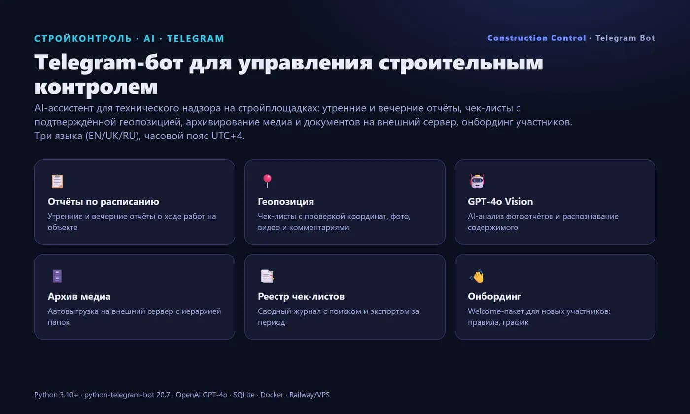 Telegram bot for construction control — AI, geo, media — Screen 1